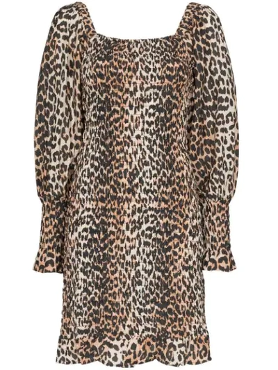 Ganni Puffed-sleeve Leopard-print Cotton And Silk-blend Mini Dress In Beige
