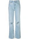 Re/done Cropped Distressed High-rise Straight-leg Jeans In Blue