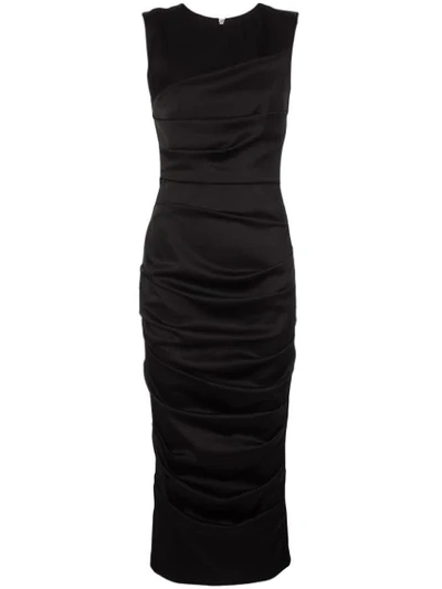 Alex Perry Damon-ruched Satin Sleeveless Midi Dress In Black
