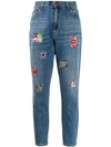 HISTORY REPEATS BEADED-PATCH HIGH-RISE SLIM JEANS