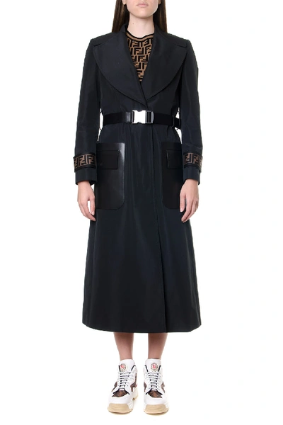 Fendi Black Cotton Blend Overcoat With Lamb Leather Details