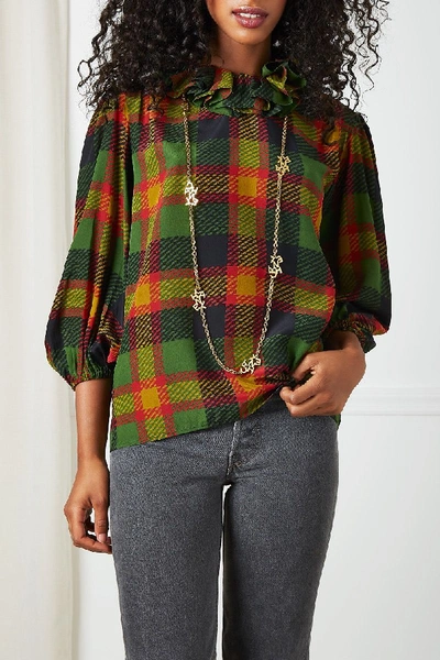 Pre-owned Saint Laurent 1980s Rive Gauche Green Plaid Silk Blouse