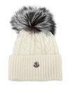 Moncler Cable Wool & Cashmere Beanie With Genuine Fox Fur Pom In White