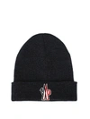 MONCLER DARK GREY KNITTED WOOL BEANIE WITH LOGO PATCH