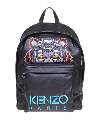 Kenzo Tiger Embroidery Black Leather Backpack