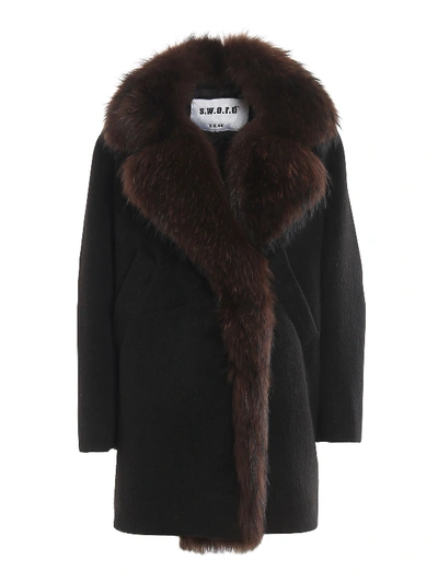 Sword 6.6.44 Real Fur Trimmed Wool Blend Coat In Black