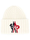 Moncler Intarsia Logo Ribbed Beanie Hat In White