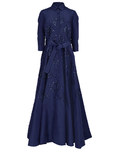 Carolina Herrera Jewel-embroidered Taffeta Trench Gown In Sapphire