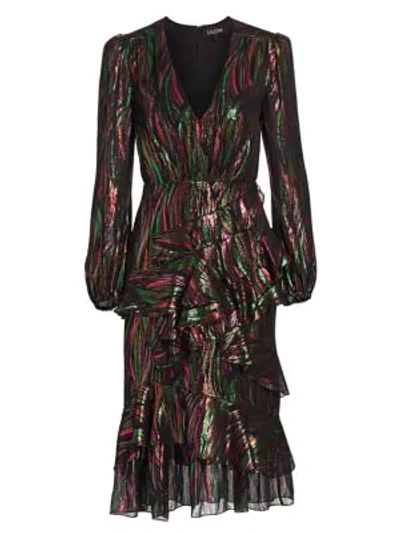 Saloni Alya Metallic Silk Blend Long Sleeve Dress In Black,green,pink