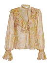 ZIMMERMANN Super 8 Floral Silk Ruffle Tieneck Puff-Sleeve Blouse
