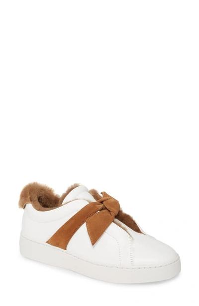 Alexandre Birman Clarita Bow-embellished Faux Shearling-lined Leather Slip-on Trainers In White/ Cognac