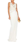 ROLAND MOURET HEXAM TIE-BACK GUIPURE LACE AND DRAPED CADY GOWN,3074457345621143154