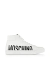 MOSCHINO WHITE LEATHER MID-TOP SNEAKERS,11089051