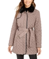 COLE HAAN FAUX-LEATHER TRIM BELTED FAUX-FUR QUILTED COAT