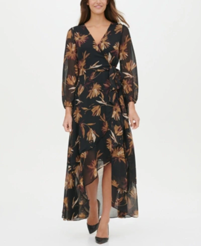 Tommy Hilfiger Miranda Floral-print Chiffon Wrap Maxi Dress In Black