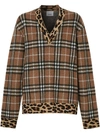BURBERRY VINTAGE CHECK LEOPARD-TRIMMED SWEATER