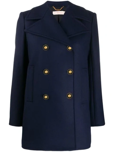 Tory Burch Double-breasted Wool-blend Peacoat In Blue