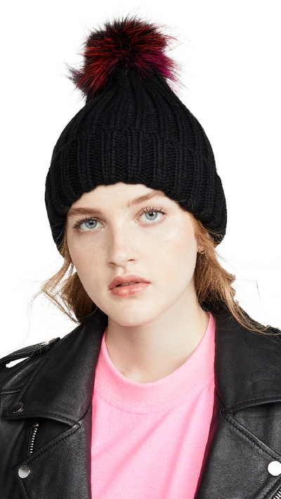 Adrienne Landau Acrylic Hat With Fox Pom Pom In Black/dark Multi