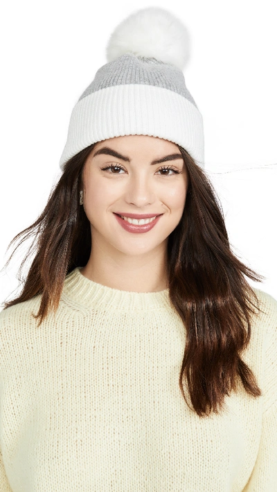 Adrienne Landau Wool Blend Fox Pom Pom Hat In White/light Grey