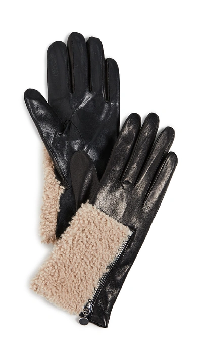 Carolina Amato Leather Shearling Gloves In Black/natural