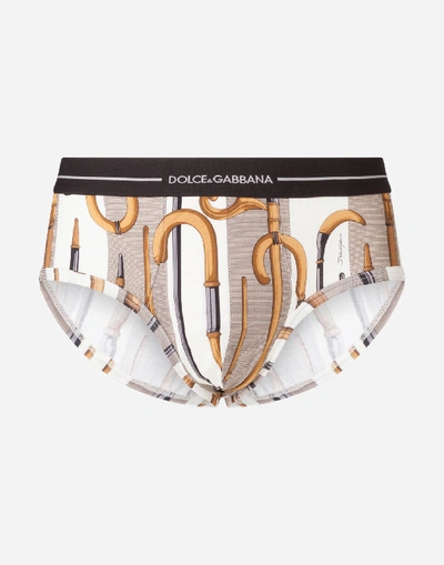 Dolce & Gabbana Cotton Jersey Brando Briefs With Walking-stick Print In Multi