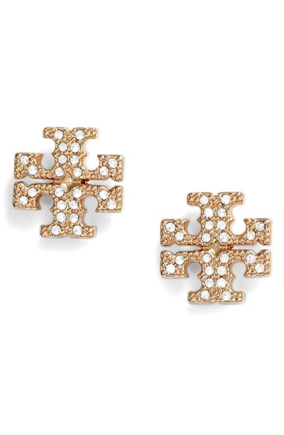 Tory Burch Crystal Logo Stud Earrings In Tory Gold / Crystal