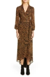 Ganni Tiger-print Georgette Long-sleeve Wrap Dress In Brown