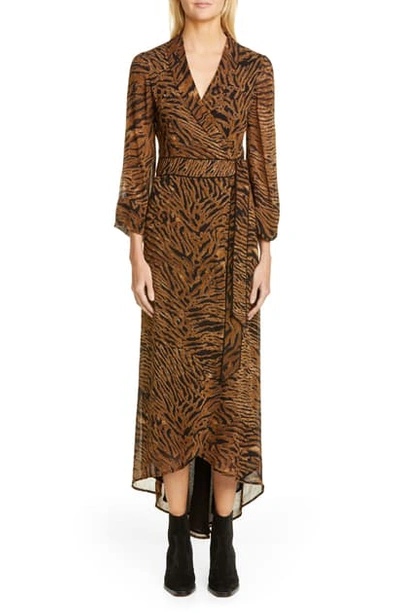 Ganni Tiger-print Georgette Long-sleeve Wrap Dress In Brown