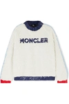 MONCLER SHELL-TRIMMED APPLIQUÉD FAUX SHEARLING SWEATER