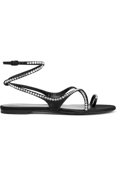 Saint Laurent Gia Crystal-embellished Wraparound Satin Sandals In Black