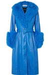 Saks Potts Foxy Belted Shearling-trimmed Leather Coat In Bright Blue