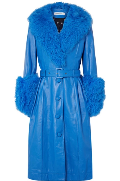 Saks Potts Foxy Belted Shearling-trimmed Leather Coat In Bright Blue