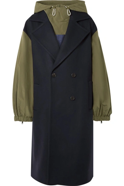 Monse Hooded Double-breasted Embroidered Wool-blend And Ripstop Coat In Midnight Blue
