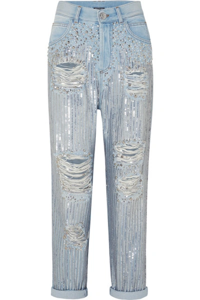 Balmain Embellished Distressed Boyfriend Jeans In Blue