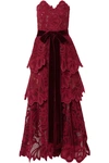 OSCAR DE LA RENTA BELTED TIERED VELVET-TRIMMED GUIPURE LACE BUSTIER GOWN