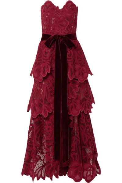 Oscar De La Renta Belted Tiered Velvet-trimmed Guipure Lace Bustier Gown In Claret