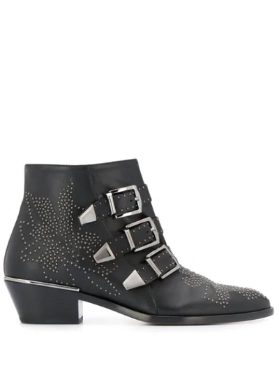 Chloé Black Calf Leather Bos Taurus Lace-up Boots In Animal Print