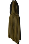 PROENZA SCHOULER FAUX LEATHER-TRIMMED PLEATED TWO-TONE JERSEY WRAP DRESS
