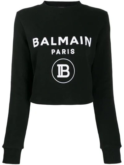 Balmain Felpa Cropped In Cotone Con Logo In Eab Black/white Eab