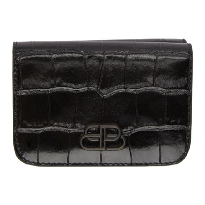 Balenciaga Bb Mini Glossed Croc-effect Leather Wallet In Black