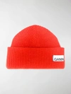 Ganni Stitched-logo Ribbed Wool-blend Beanie In Orange