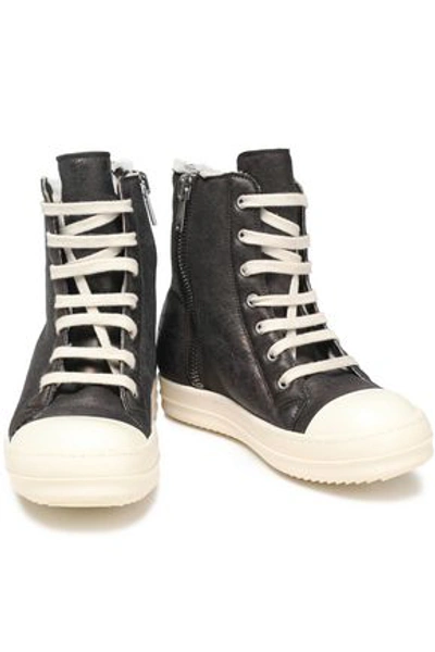 Rick Owens Woman Shearling-lined Metallic Leather Sneakers Anthracite In Black