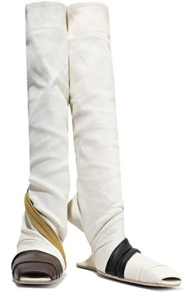 Rick Owens Knit-trimmed Two-tone Textured-leather Boots In Cream