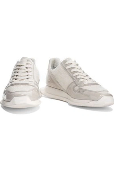 Rick Owens Runner Coated Suede, Leather And Frayed Woven Sneakers In White