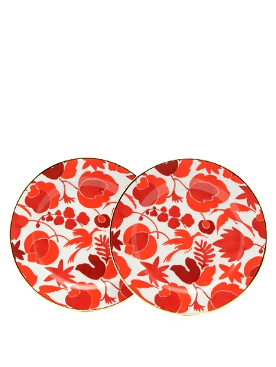 La Doublej Set Of Two Wildbird Porcelain Dessert Plates In Orange