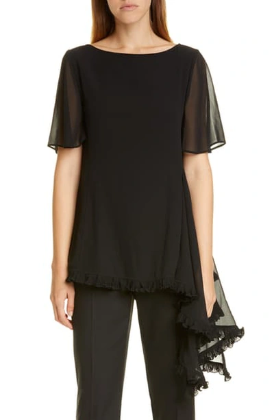 Adeam Asymmetrical Ruffle Chiffon Top In Black W/ Black Trim