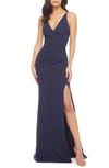 Dress The Population Jordan Ruched Side Slit Gown In Navy