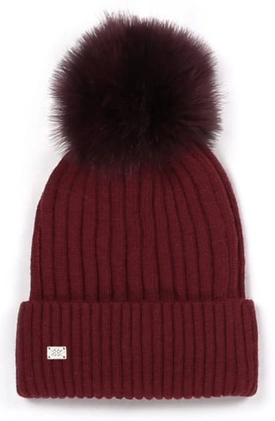Soia & Kyo Ribbed Beanie With Feather Pom In Dewberry