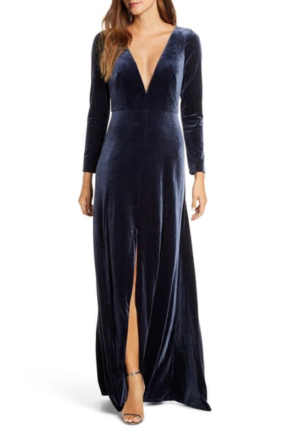 Jenny Yoo Malia Long Sleeve Velvet Evening Gown In French Blue