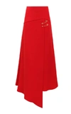 AMAL AL MULLA RUBY RED CREPE SKIRT WITH A FLARED LAYERED ASYMMETRICAL HEMLINE,CB872561-6636-FE25-2F41-5009B9669381